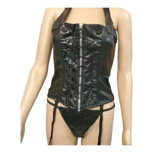 Faux Leather Halter Corset with Garter clips and Matching Panty